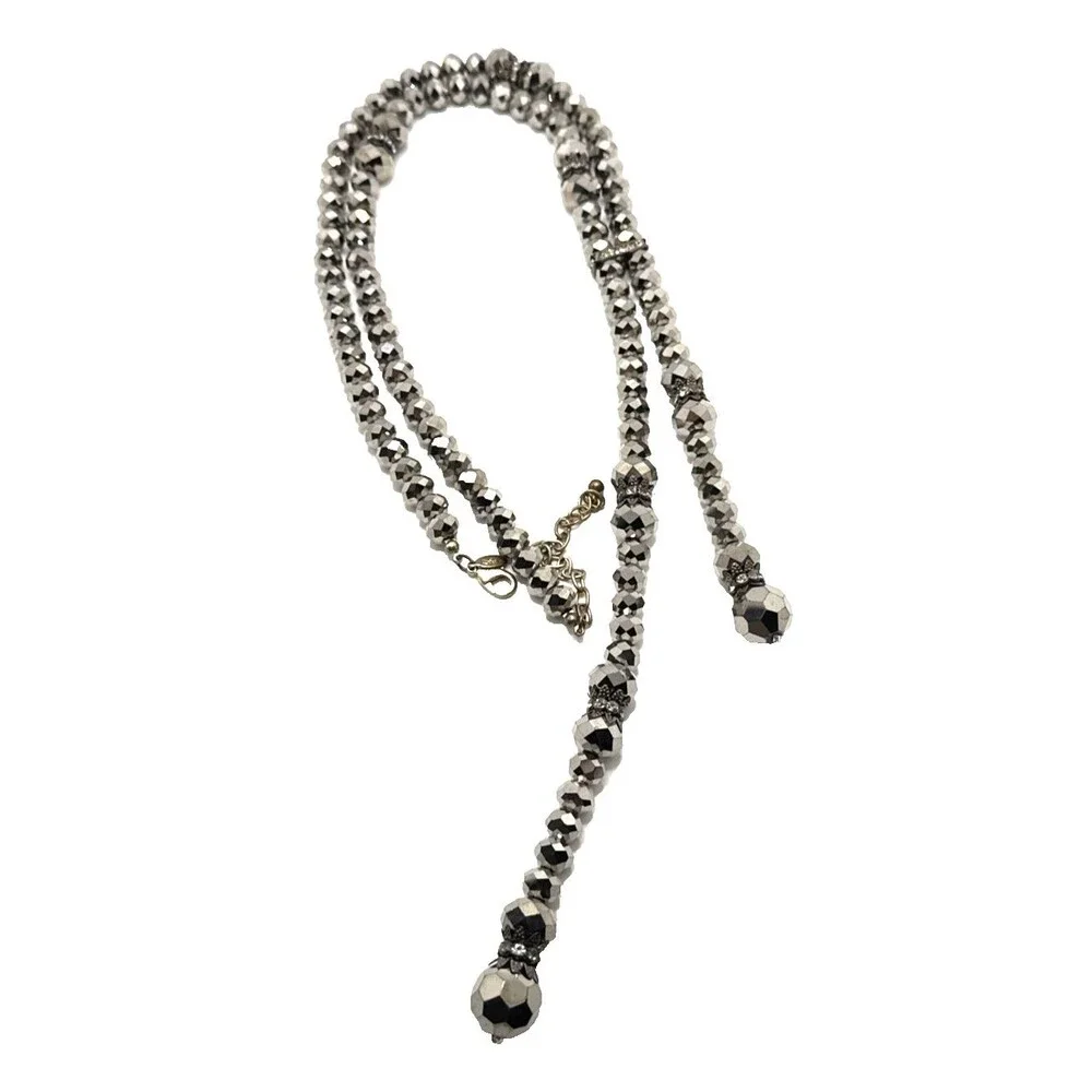 Vintage JOAN RIVERS Hematite Faceted Bead Lariat Necklace Rhinestone Accents 28